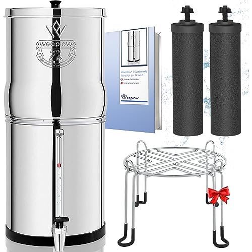 Weeplow® Earth – Sistema de filtración de agua por gravedad AISI 304 8,5 litros con 2 elementos de purificación O'Pure 2, grifo con nivel de agua y soporte de acero inoxidable