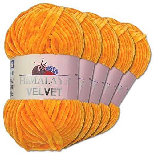 Wohnkult Himalaya 90068 - Ovillo de lana de delfín (5 x 100 g, 40 colores, para elegir, chenilla, brillo, hilo de flojar, accesorio de ropa, color naranja