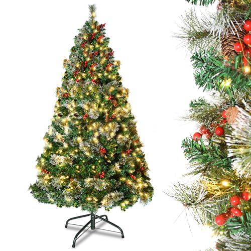 YRHome Árbol de Navidad artificial de 210 cm con iluminación, 8 modos, árbol de Navidad verde de PVC para decoración navideña con piñas, aguja de abeto y aguja de abeto, sistema plegable, soporte