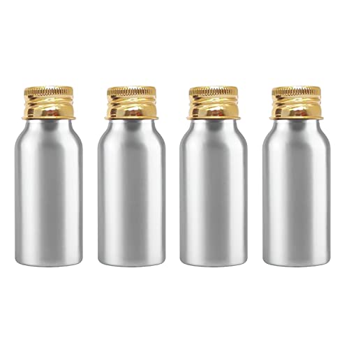 ZEOABSY 4 Piezas Vacías 50 ml Botella de Aluminio Plata con Tapón Rosca de Aluminio Oro Envase Cosmético Metálico para Champú, Loción Gel Aceite Esencial Hoteles Viaje