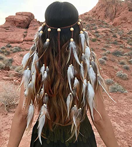 Zoestar Diadema de plumas bohemias vintage, diadema de cabeza india hippie, cadena para el cabello, joyería para el cabello, accesorios tribales para mujeres y niñas