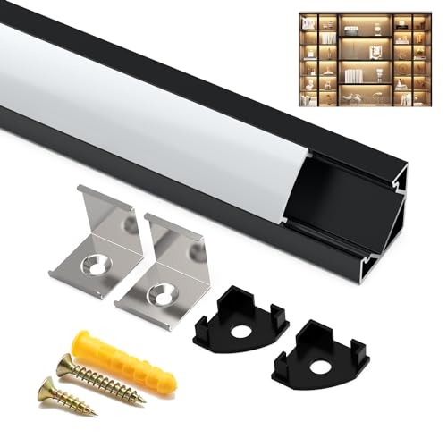 Angdarun Perfil LED de aluminio de 6 x 1 m, 45 grados, perfil de aluminio canales LED con tapas de extremo y cubierta negra para tiras de LED y bandas LED perfil de esquina(Blanco y negro)