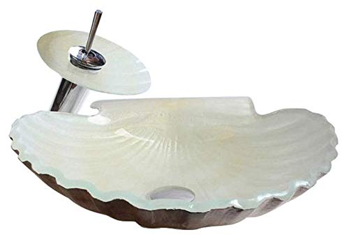 PERTID Lavabo de lavabo de baño sobre encimera, lavabo artístico de vidrio templado, forma de concha, color blanco lechoso sobre encimera